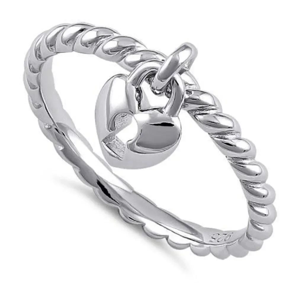 New Sterling Silver Locked Heart Dangle Ring Size 7 New